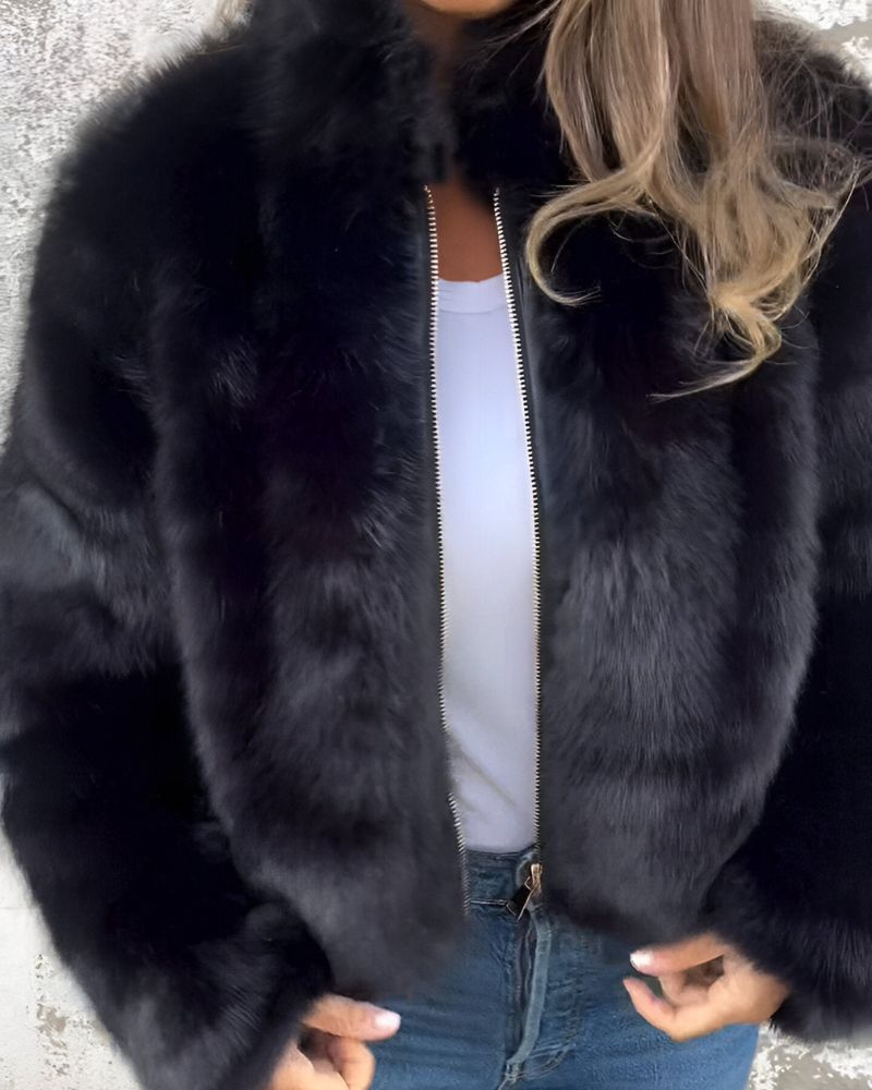 R&B | Hoher Kragen Reißverschluss Flauschige Jacke