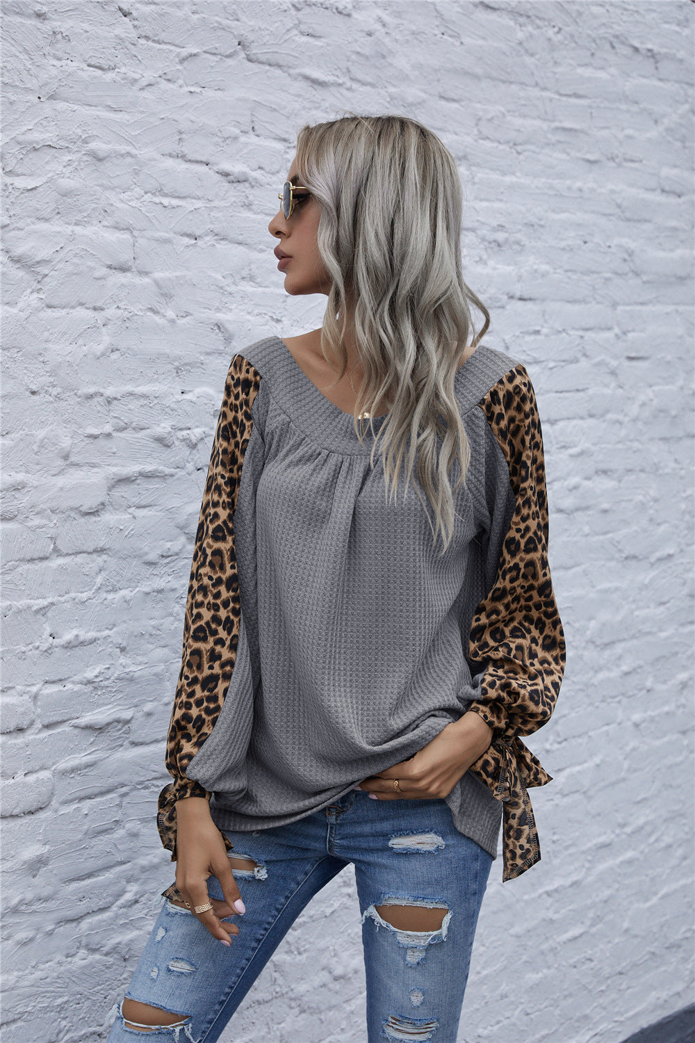 Damen Oberteil mit Leopardenmuster und voluminösen Ärmeln R&B