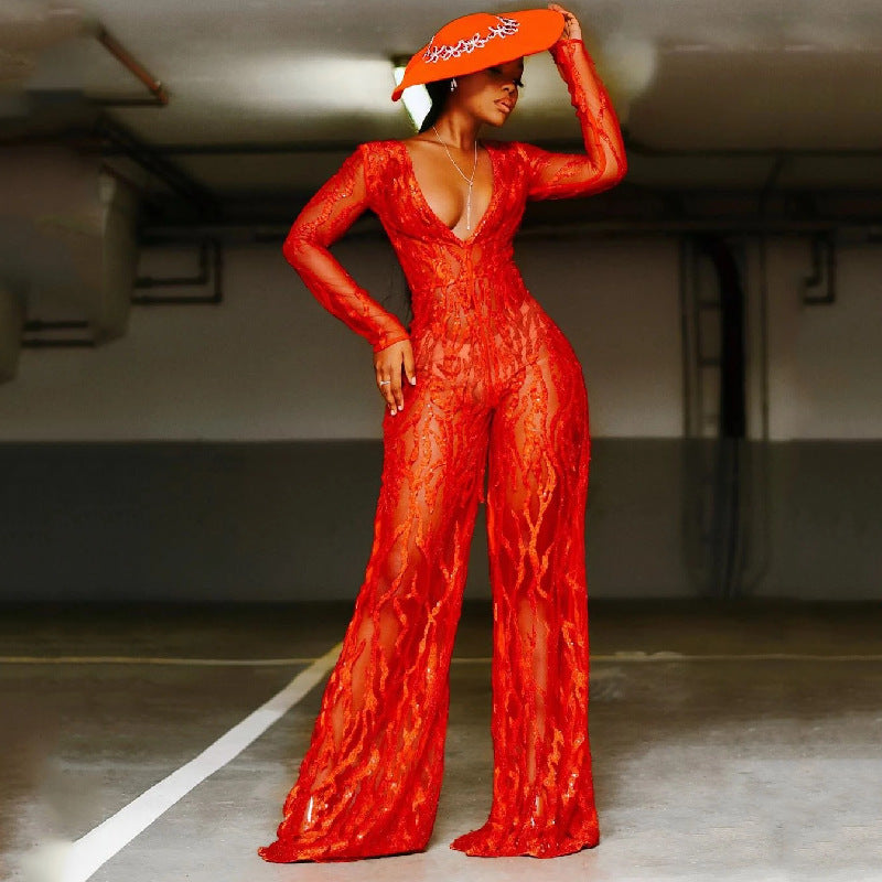 Damen Elegantes Jumpsuit aus transparenter Spitze mit V-Ausschnitt und weiten Beinen R&B
