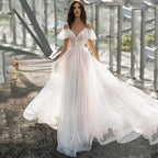 Damen Elegantes Hochzeitskleid mit transparenten Puffärmeln und glitzerndem Oberteil R&B