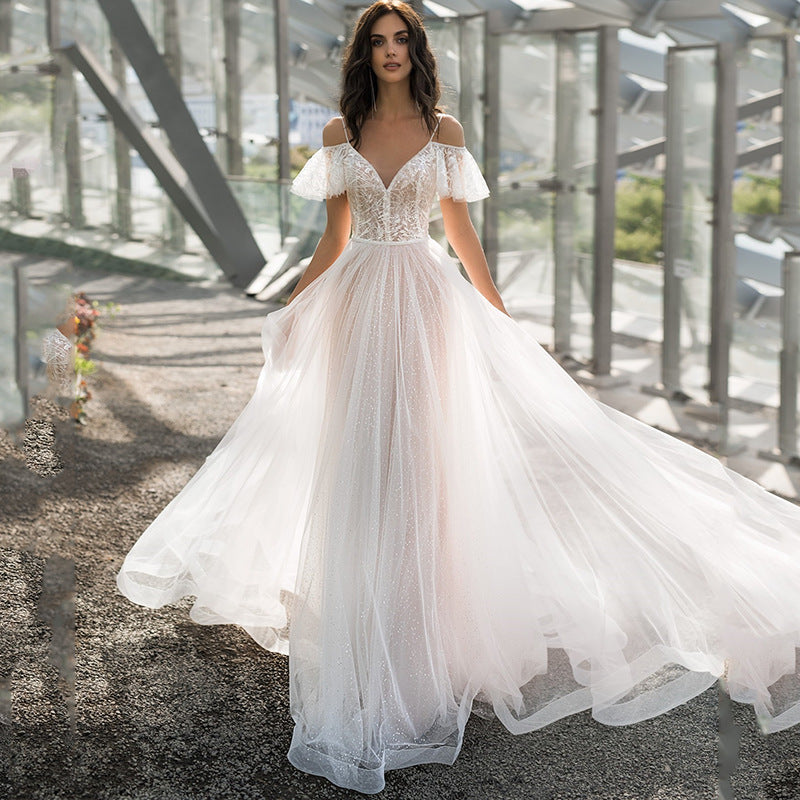 Damen Elegantes Hochzeitskleid mit transparenten Puffärmeln und glitzerndem Oberteil R&B