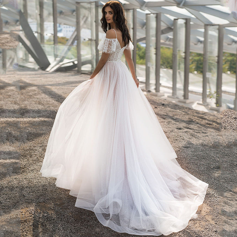 Damen Elegantes Hochzeitskleid mit transparenten Puffärmeln und glitzerndem Oberteil R&B