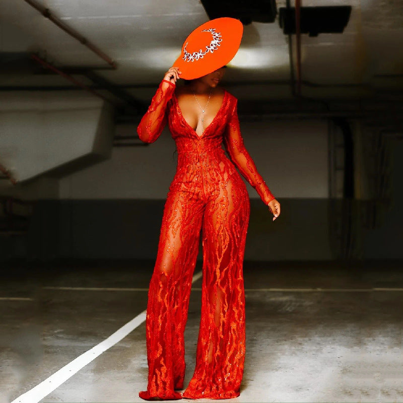 Damen Elegantes Jumpsuit aus transparenter Spitze mit V-Ausschnitt und weiten Beinen R&B