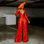 Damen Elegantes Jumpsuit aus transparenter Spitze mit V-Ausschnitt und weiten Beinen R&B