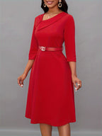 R&B | Einfarbige Asymmetrische Halsgürtel 3/4 Ärmel Festliches Kleid Für Frauen | Ideal Für Alle Jahreszeiten