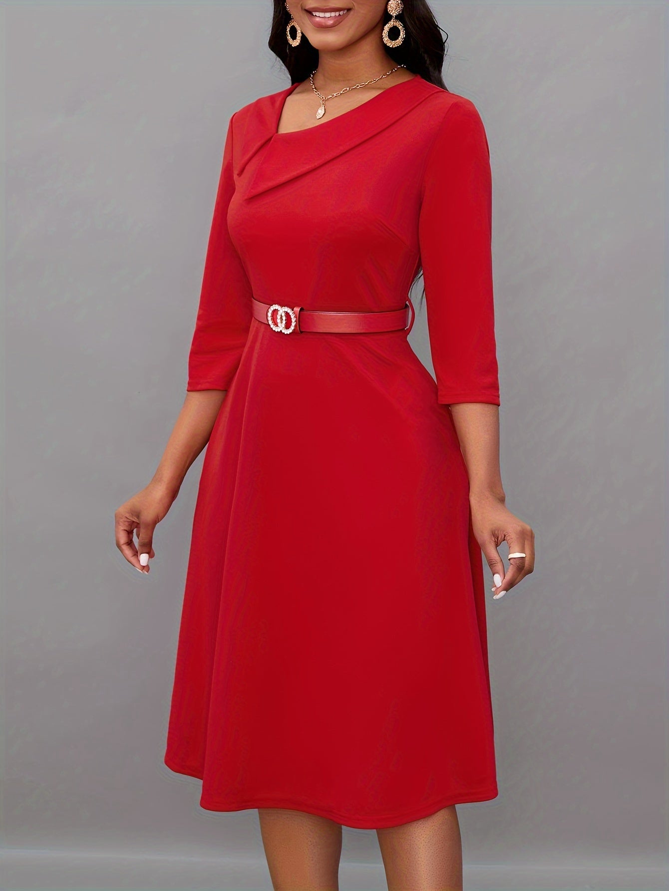 R&B | Einfarbige Asymmetrische Halsgürtel 3/4 Ärmel Festliches Kleid Für Frauen | Ideal Für Alle Jahreszeiten