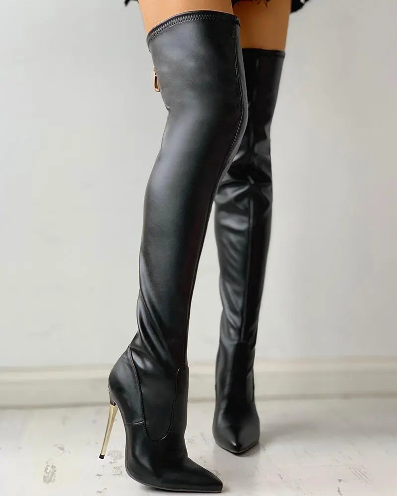 R&B | Overknee Stiefel mit Goldenem Absatz und Reißverschlussdetail