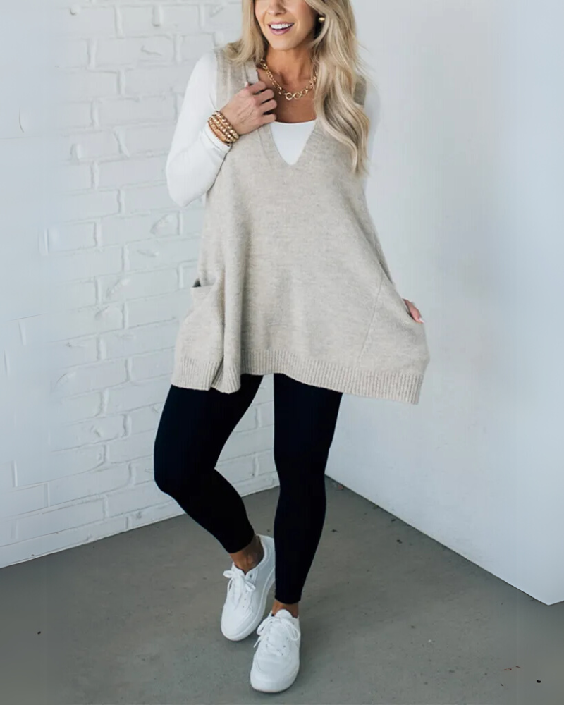 R&B | Strickweste mit Taschen Tiefer V-ausschnitt Lässig und Warm