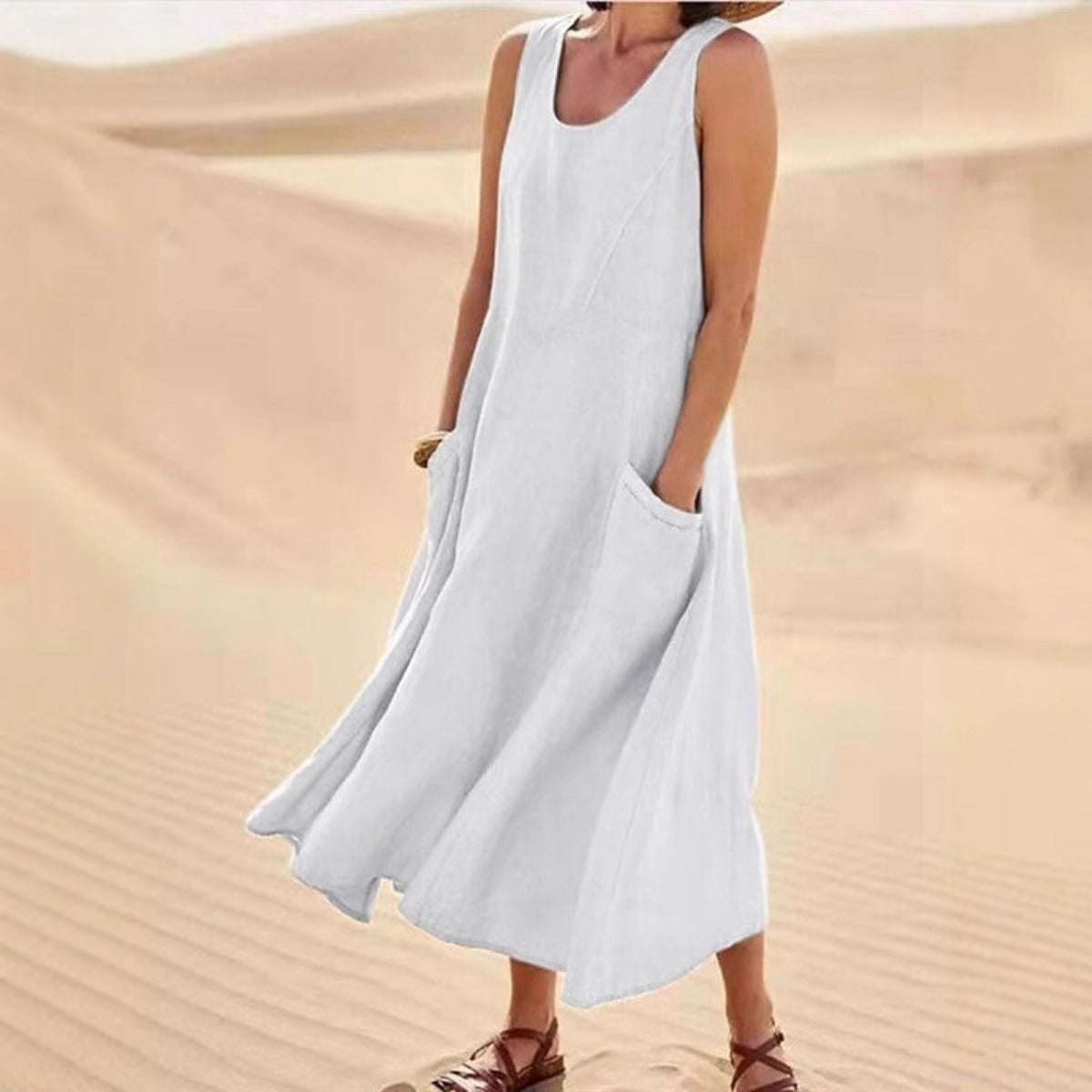R&B | Ärmelloses Kleid aus Baumwolle mit Rundhalsausschnitt und Tasche