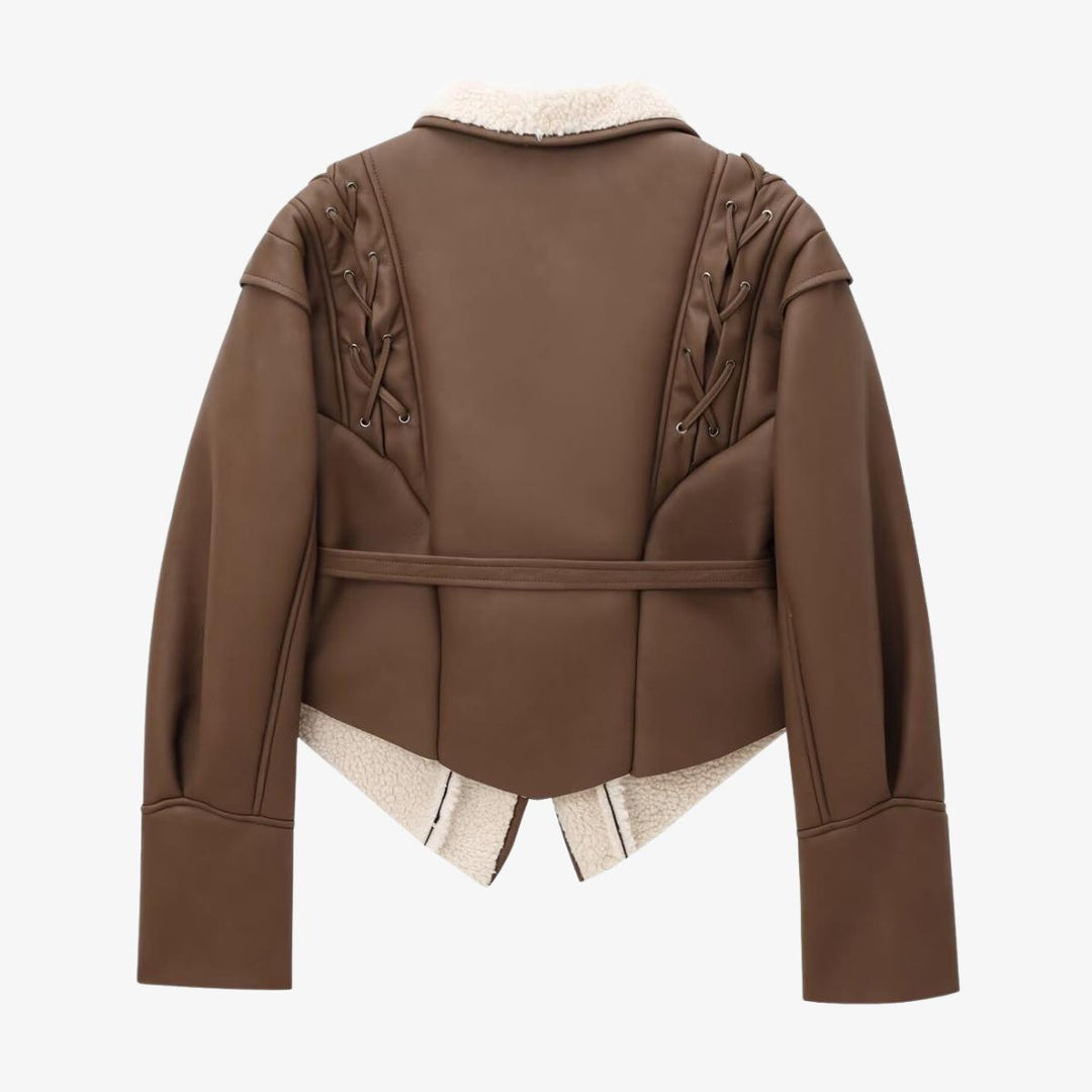 R&B | Stylische Kunstlederjacke mit Teddy Futter und Schnürdetails