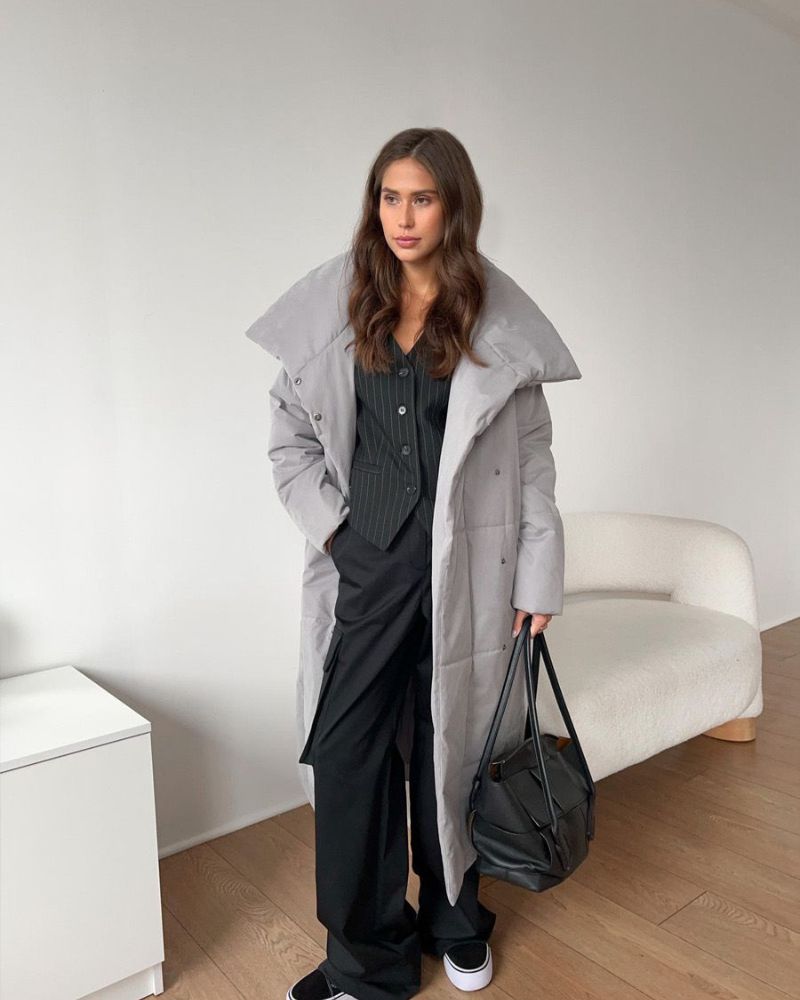 R&B | Lange Pufferjacke mit Gürtel