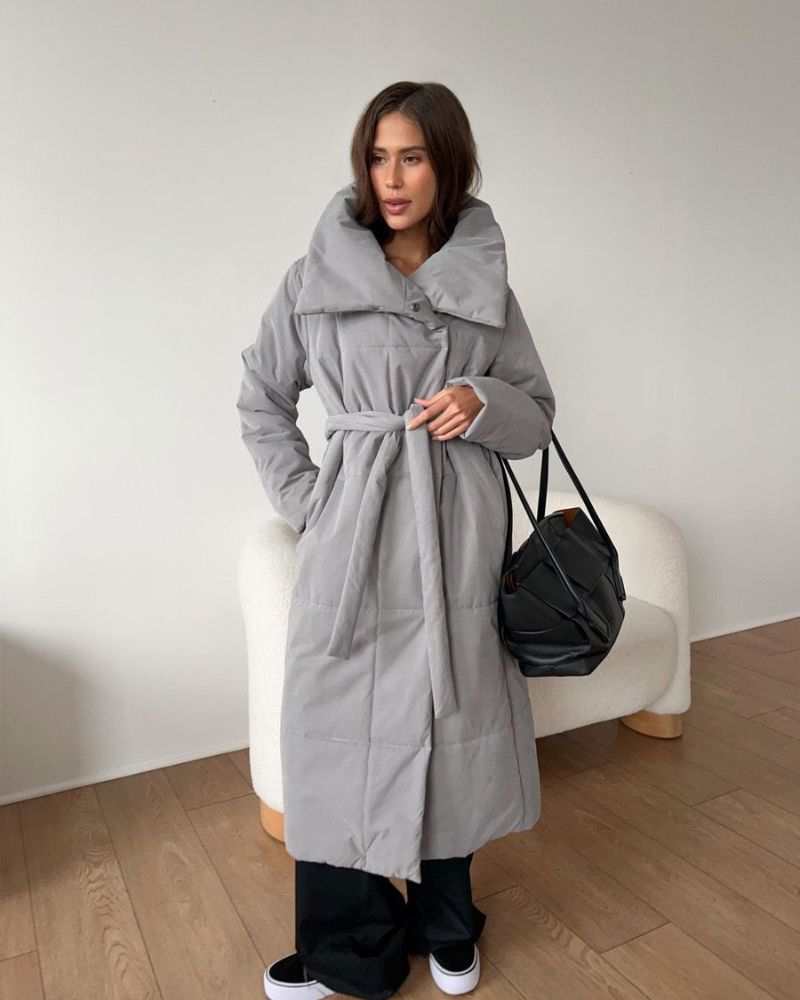 R&B | Lange Pufferjacke mit Gürtel