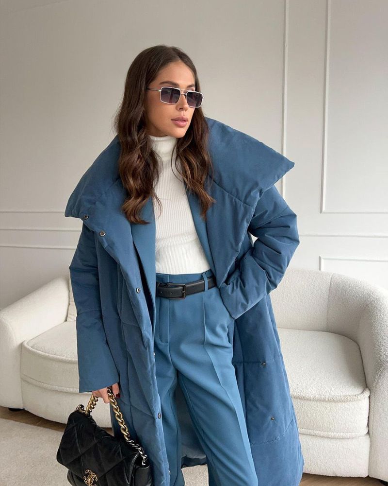 R&B | Lange Pufferjacke mit Gürtel
