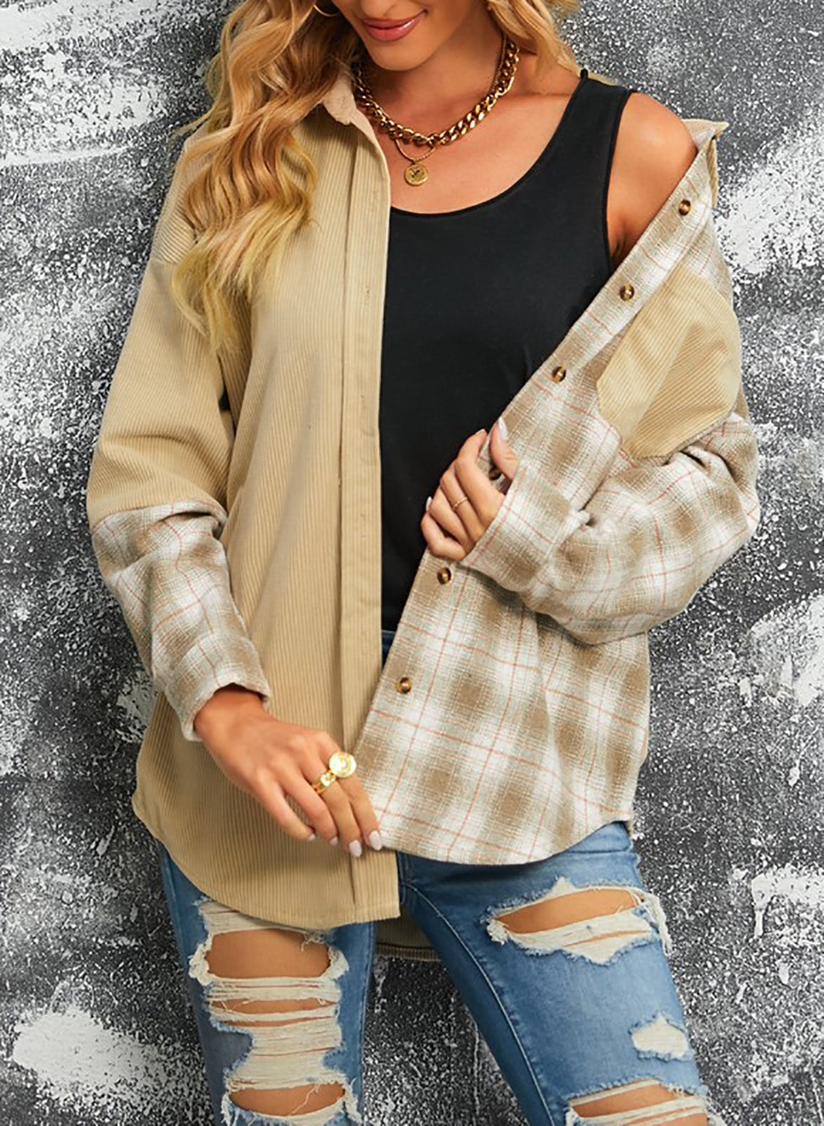 R&B | Karierte Farbblock Gefallen Schulter Corduroy Shacket