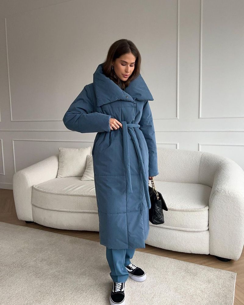 R&B | Lange Pufferjacke mit Gürtel