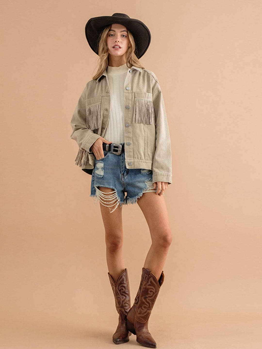 R&B | Fransen-Detail Gefallene Schulter Denimjacke