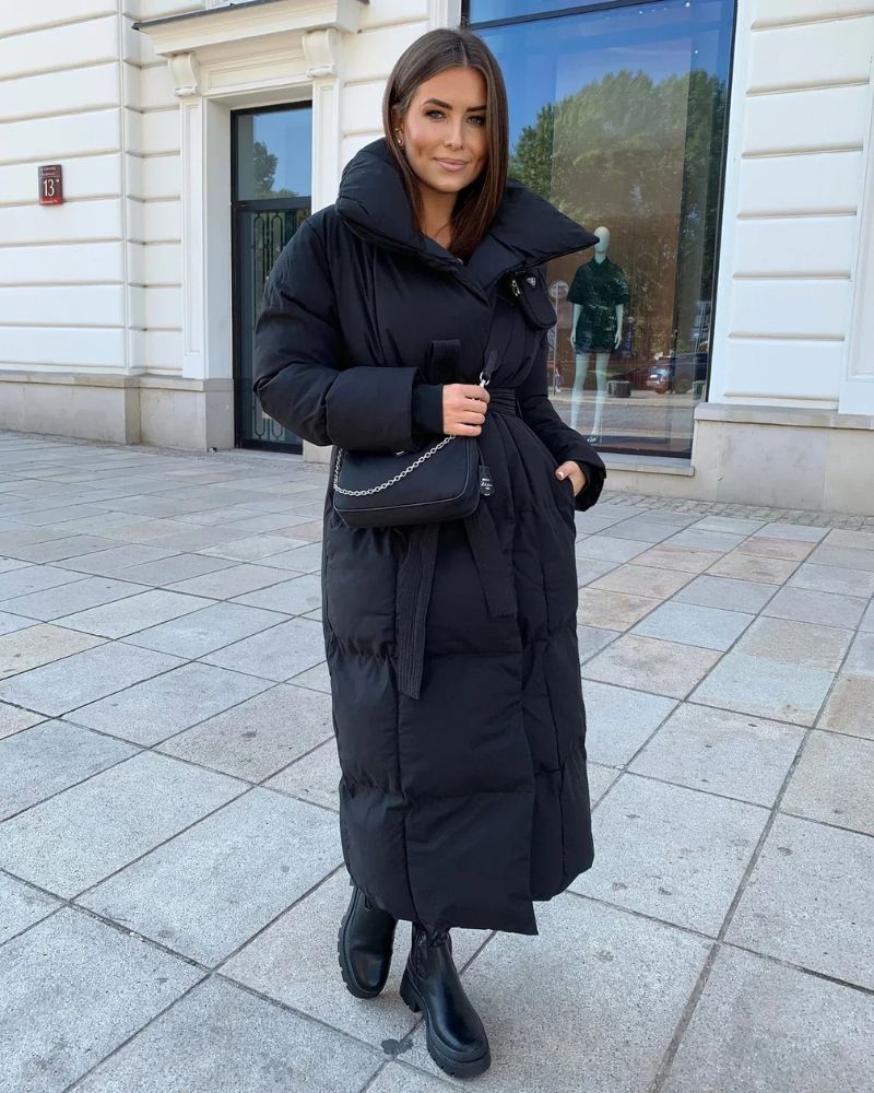 R&B | Lange Pufferjacke mit Gürtel