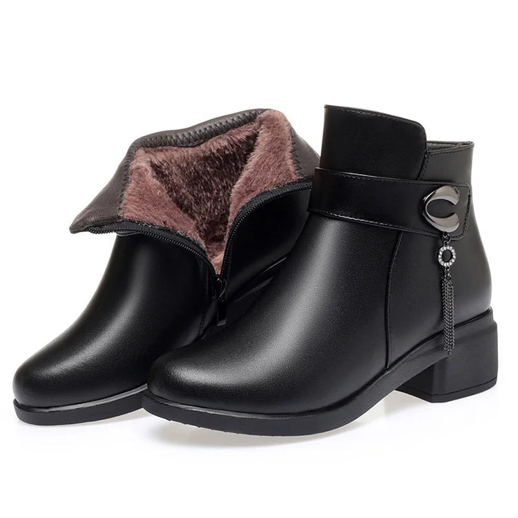 R&B | Damen Echtes Leder Metall Schnalle Samt Stiefel