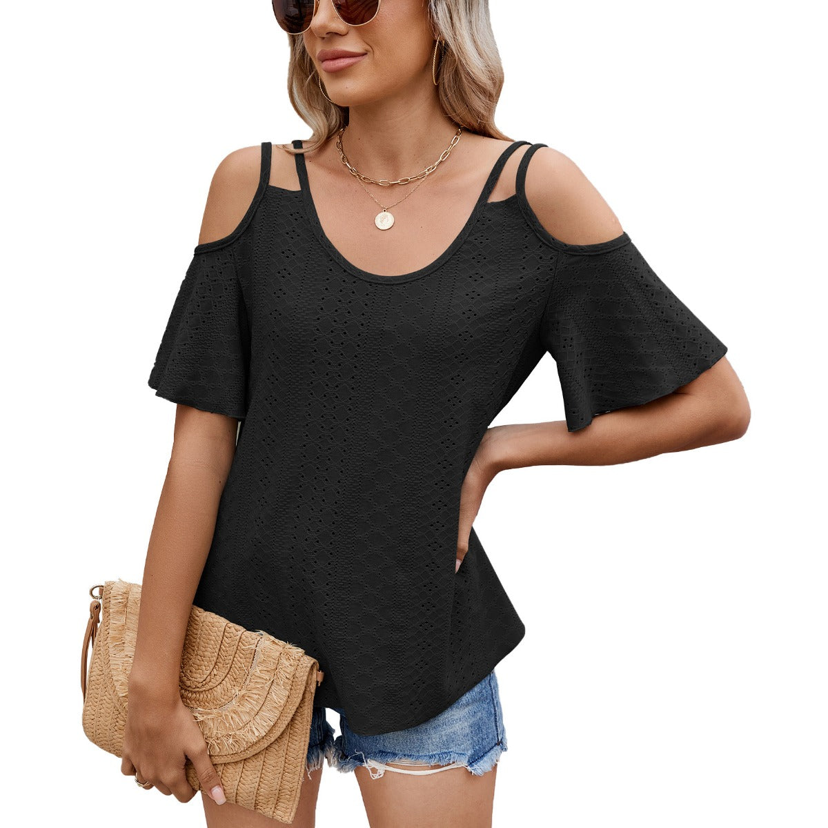 R&B | Schulterfreies T-Shirt mit V-Ausschnitt