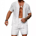 R&B | Lässige Herren hohlen einfarbigen Hemd Kordelzug Shorts zweiteiliges Set
