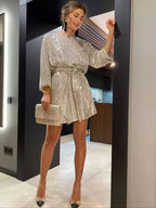 Festkleid mit Glitzer und Taillenband für Damen