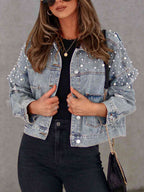 R&B | Perlenbesatz Knopf-Down Denimjacke mit Taschen