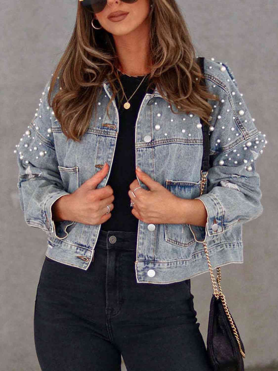 R&B | Perlenbesatz Knopf-Down Denimjacke mit Taschen