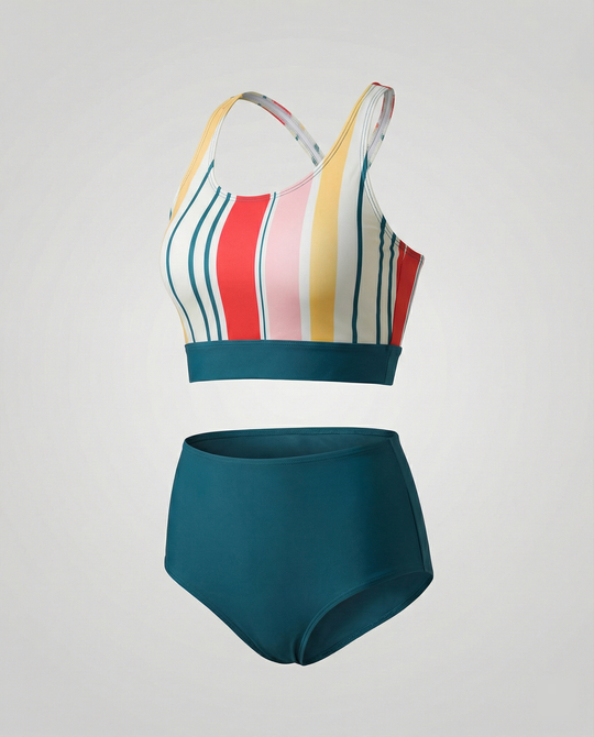 R&B | Gestreiftes Reißverschluss-Rücken Schick Bikini Set