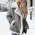 R&B | Übergroße Jacke - Wildlederoptik - Sherpa-Futter - Asymmetrischer Reißverschluss - Gürtelsäume