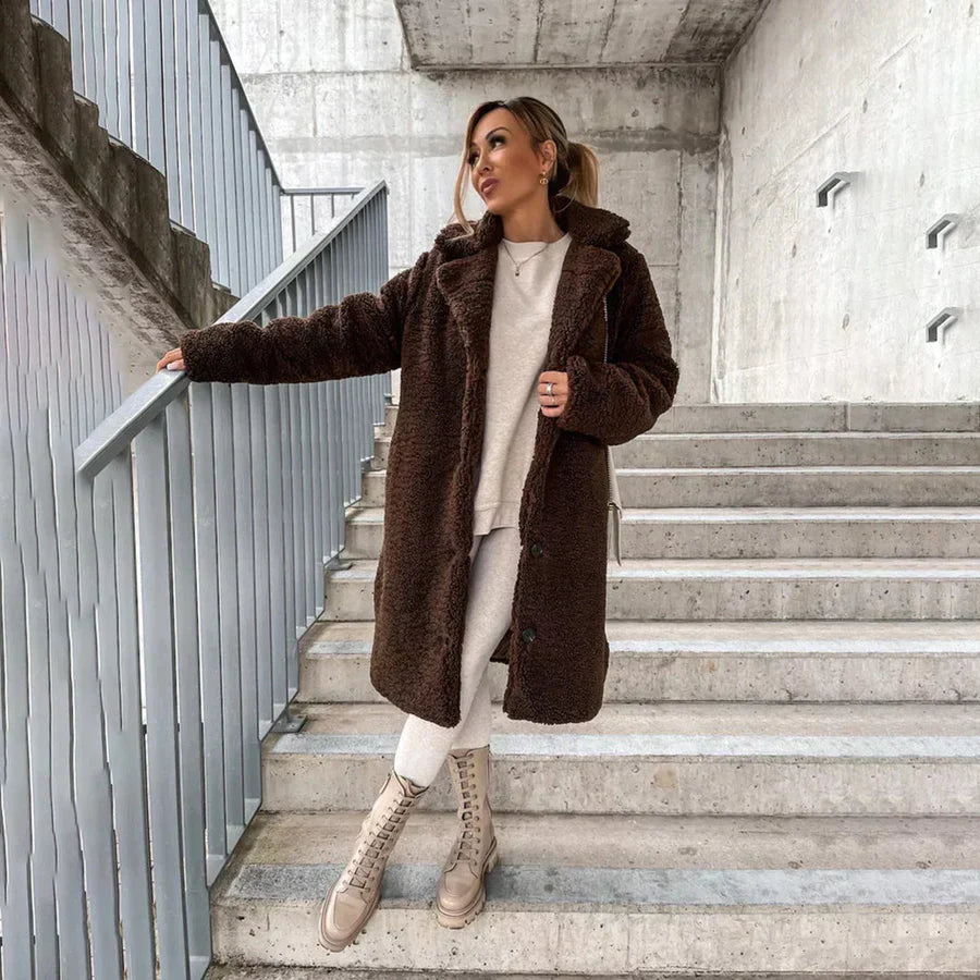 R&B | Langer Mantel Plüschtextur Relaxed Fit Vollständig Länge Knopfverschluss
