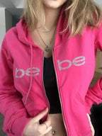 R&B | Barbie Rosa Buchstaben Strassdruck Hoodie mit Reißverschluss