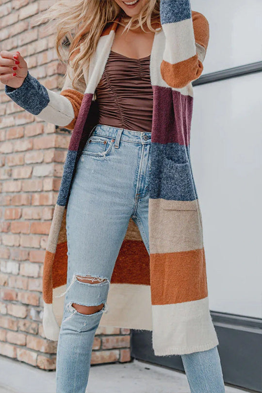 R&B | Gestrickte Strickjacke mit offener Vorderseite und Farbblock