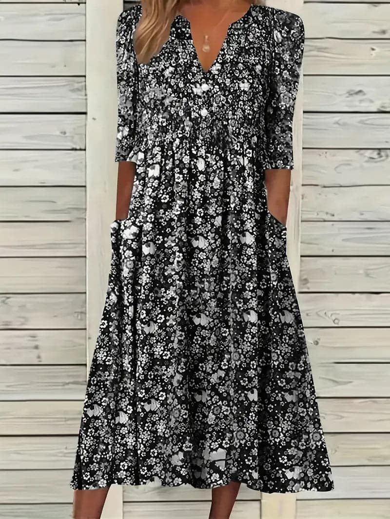 R&B | Midikleid A-Linie Passform V-Ausschnitt 3/4 Ärmel Blumenmuster
