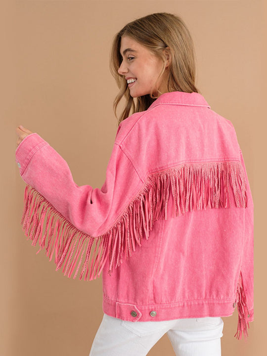 R&B | Fransen-Detail Gefallene Schulter Denimjacke