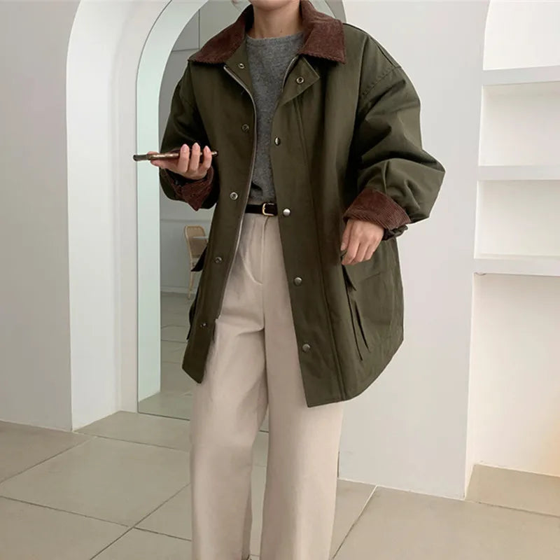 R&B | Damen Vintage-Style Jacke mit Umschlagbarem Kragen und Großen Taschen