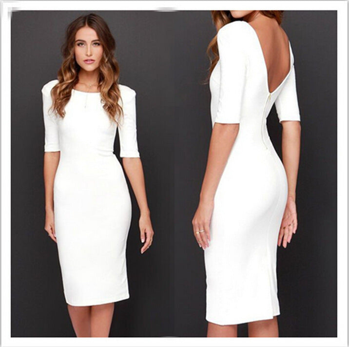 Damen figurbetontes Midi-Kleid mit halblangen Ärmeln und elegantem Ausschnitt R&B