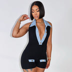 R&B | Polokragen Denim kontrastierenden Jumpsuit Shorts