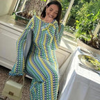 Langärmliges Häkel-Maxikleid mit Streifenmuster