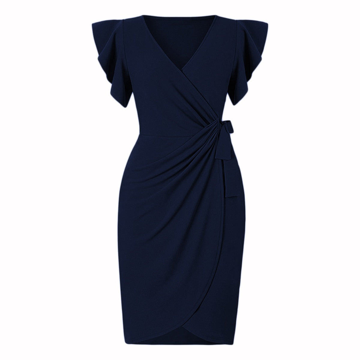 R&B | Kleid mit V-Ausschnitt und plissierten Hornärmeln an der Hüfte