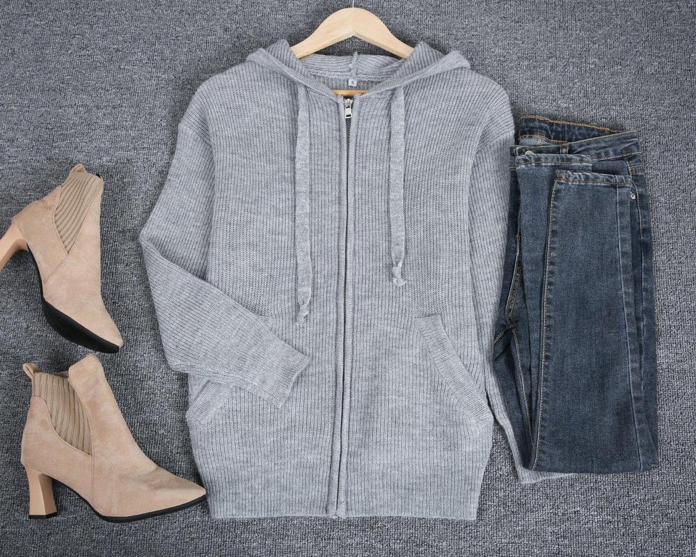R&B | Grau Strick Hoodie mit Reißverschluss Wolle Komfortabel und Warm