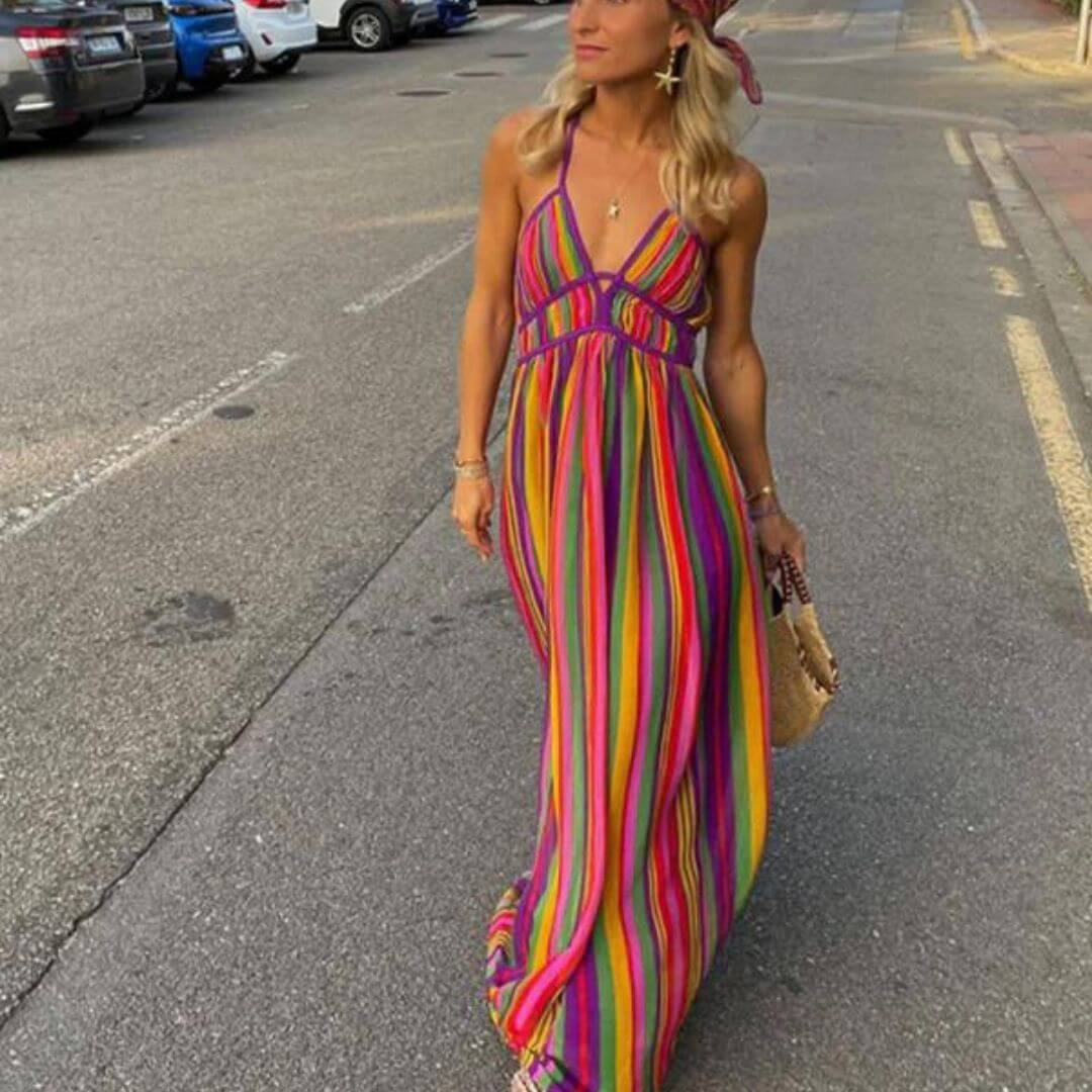 R&B | Vibrant Gestreiftes Maxikleid mit Taillenbetonung