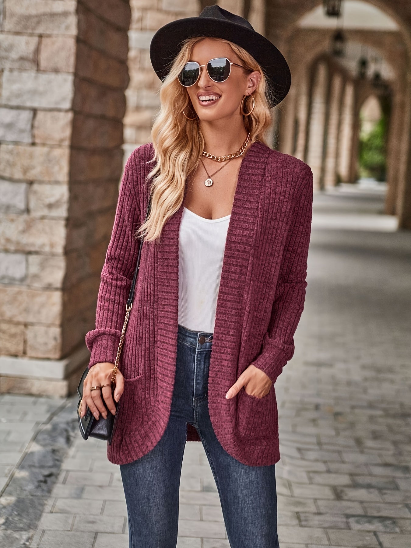 R&B | Damen Gerippter Offener Vorderseite Strickjacke Lange Ärmeln Lässig Strickpullover mit Taschen