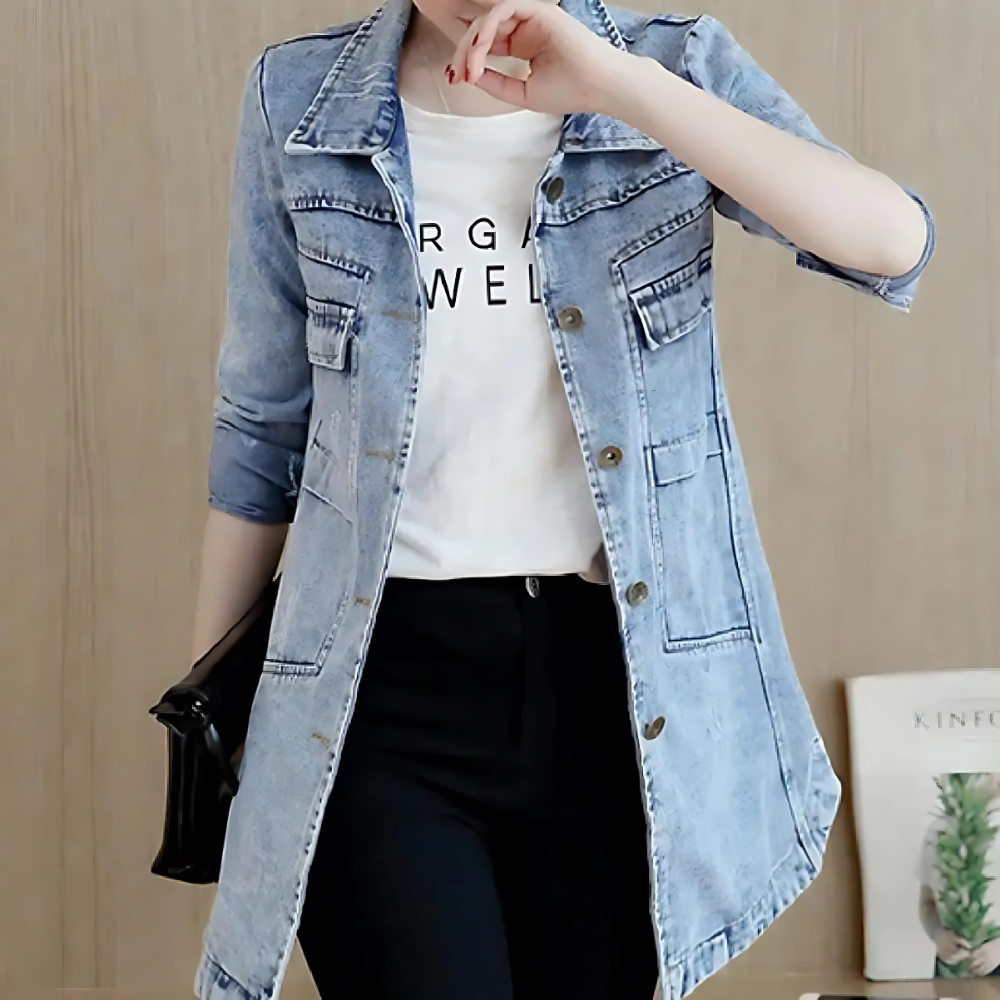 R&B | Lange Jeansjacke für Frauen mit Stickdetails