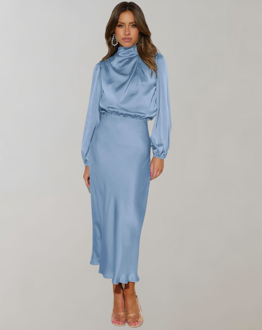 elegantes Satin-Abendkleid mit langen Ärmeln