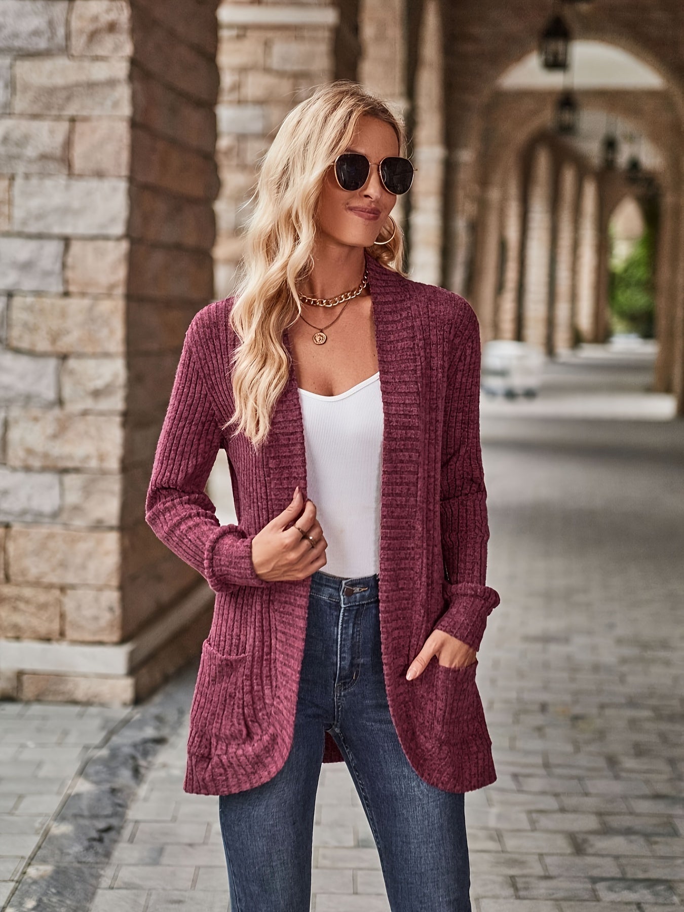 R&B | Damen Gerippter Offener Vorderseite Strickjacke Lange Ärmeln Lässig Strickpullover mit Taschen