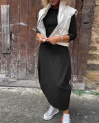 R&B | Schlichtes Einfarbiges Elegantes Kleid mit Langen Ärmeln und Tasche