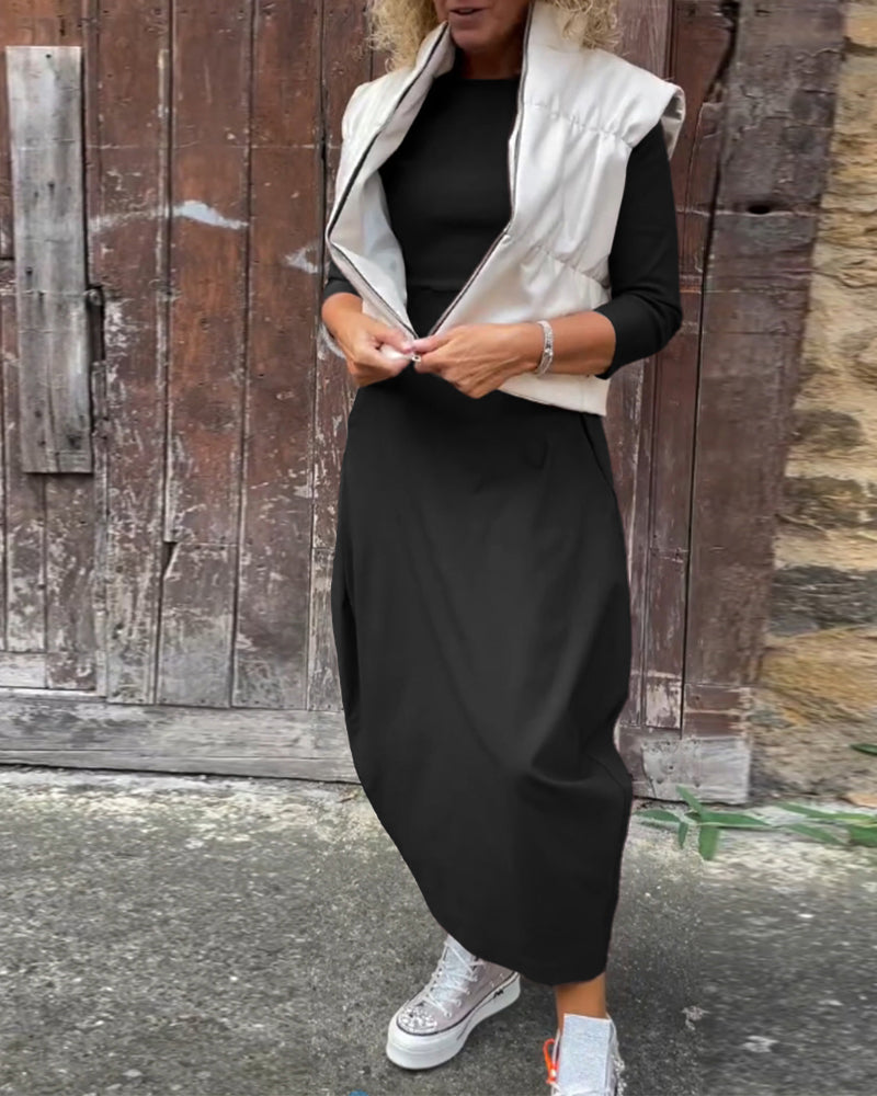 R&B | Schlichtes Einfarbiges Elegantes Kleid mit Langen Ärmeln und Tasche