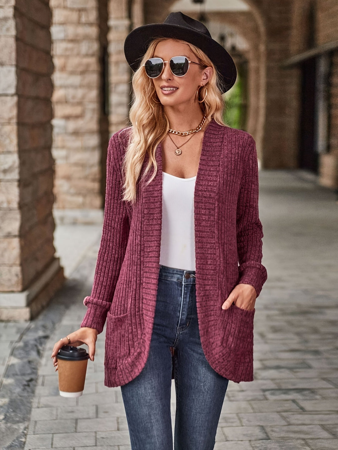 R&B | Damen Gerippter Offener Vorderseite Strickjacke Lange Ärmeln Lässig Strickpullover mit Taschen
