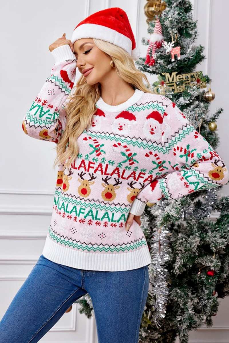 R&B | Locker Sitzende Rundhals Weihnachts Cartoon Strickpullover - Pink