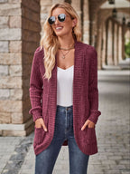 R&B | Damen Gerippter Offener Vorderseite Strickjacke Lange Ärmeln Lässig Strickpullover mit Taschen